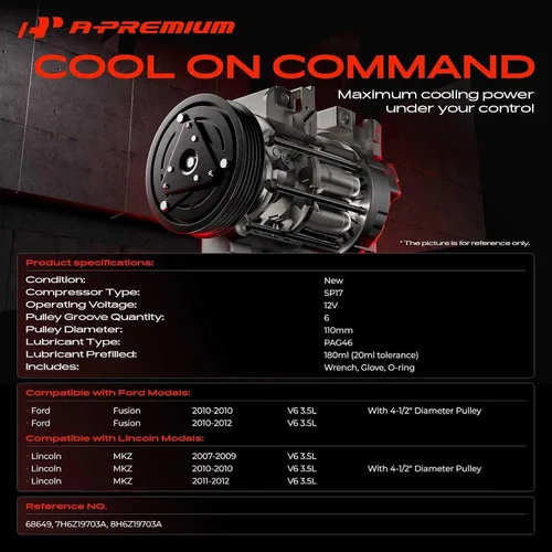 Vista 2 de A-Premium Compresor de aire acondicionado con embrague compatible con Ford Fusion 3.5L 2010-2012, Lincoln MKZ 3.5L 2007-2012, estilo SP17, 6