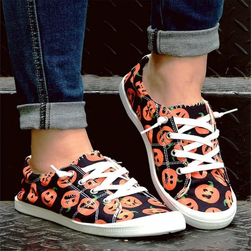 Vista 2 de Zapatos de lona para mujer, con estampado de calabaza y fantasma, zapatos deportivos planos para mujer, zapatos transpirables para mujer