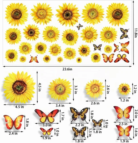 Vista 2 de 100 calcomanías de pared para ventana de girasol con mariposa 3D, decoración de vinilo de 1 a 4 pulgadas, calcomanías autoadhesivas de girasol
