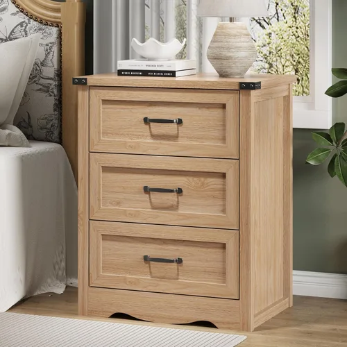 Vista 24 de Mesita de noche con 3 cajones, mesa auxiliar de 61 cm de ancho estilo granja, mesa de noche de madera rústica con asa metálica, cómoda moderna