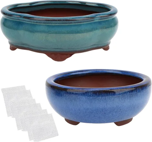 Vista 8 de Maceta Bonsái 2 macetas pequeñas esmaltadas para suculentas de 4.9 y 6.1 pulgadas + 6 pantallas de drenaje de malla suave