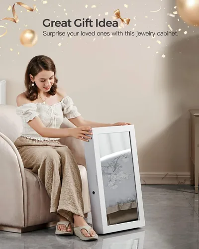 Vista 6 de SONGMICS Armario de joyería con cerradura con espejo, organizador de almacenamiento de joyas para ahorrar espacio, blanco UJJC51WT