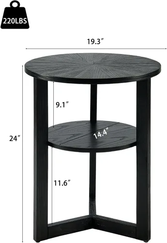 Vista 2 de Mesa auxiliar redonda de madera de 19.3 pulgadas, mesa auxiliar redondeada de madera maciza de 2 niveles, mesa auxiliar circular con estante