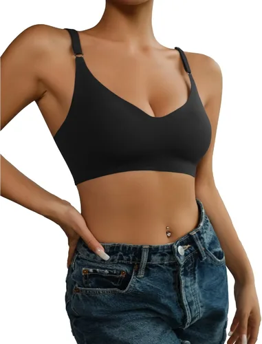 Vista 2 de DEANGELMON Bralettes con cuello en V, acolchado, sin costuras, tirantes ajustables, sujetadores básicos para dormir