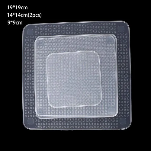 Vista 2 de Pokinge 4 fundas para contenedores de alimentos, tapas elásticas de silicona transparente, reutilizables, para microondas, 3 tamaños, cubierta
