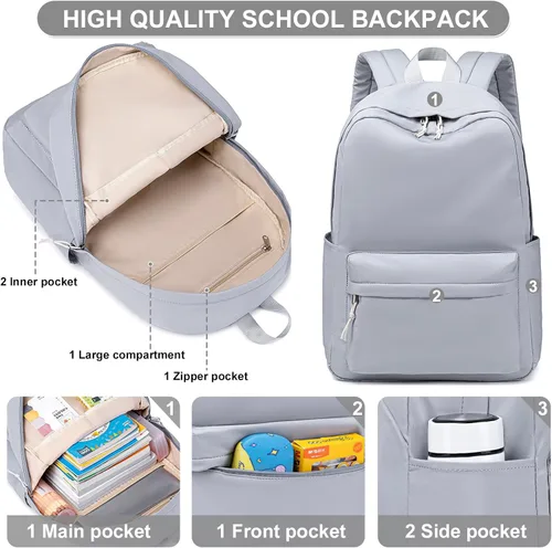 Vista 5 de Bluboon Mochila para la escuela para niños, mochila para niñas, mochila para computadora portátil, regalos para mujeres, Gris (Pure Grey), Mochilas