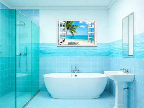 Vista 2 de Woxfcart Lienzo decorativo para pared, diseño de palmera de playa, ventana falsa, océano tropical, paisaje natural, impresiones de imágenes