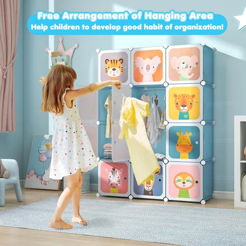 Vista 2 de Costzon Armario para Niños, Organizador de Almacenamiento Modular de Tocador de Dibujos Animados DIY con 12 Cubos y 2 Percheros para Colgar Ropa