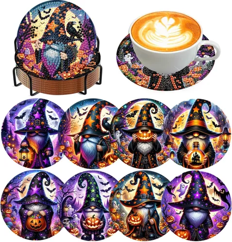 Vista 33 de Meothan Juego de 8 posavasos de arte de diamante para adultos con soporte, almohadillas de corcho, posavasos de arte de puntos de diamante de vidrio