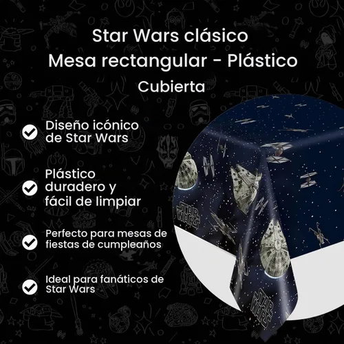 Vista 5 de Mantel rectangular clásico de plástico multicolor de Star Wars (54 x 84 pulgadas), 1 unidad, material icónico y ecológico, perfecto para cada