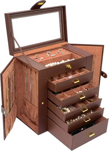 Vista 9 de AKOZLIN - Organizador de joyas grande de 6 niveles, con cerradura, funcional y enorme, con 5 cajones, de cuero, para mujeres y niñas, para anillos