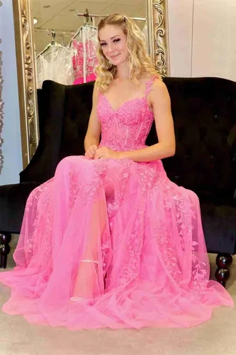 Vista 7 de Kncpti Vestidos de fiesta con tirantes delgados para mujer, apliques de encaje, hombros descubiertos, tul sexy, dividido, largo, formal, vestidos