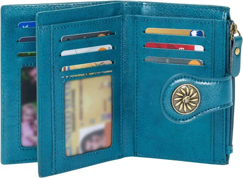 Vista 18 de Tipmile Billeteras pequeñas de cuero para mujer, con 2 ventanas de identificación, con bloqueo RFID, tarjetero con cremallera y bolsillo