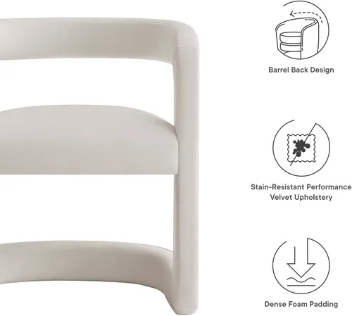 Vista 4 de Modway Winslow Silla de comedor de terciopelo resistente a las manchas en alabastro, sillón de barril con respaldo abierto, silla de comedor