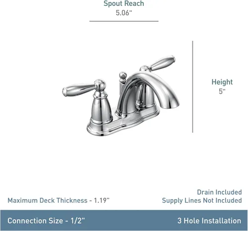 Vista 2 de Moen Brantford Cromo Llave de baño centrada de arco bajo tradicional de dos manijas con montaje de desagüe, 6610
