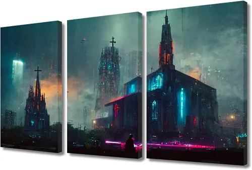 Vista 108 de Arte de pared de 3 piezas de escena de ciencia ficción de la calle comercial futurista paisaje urbano, decoración de pared para dormitorio