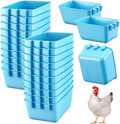 Vista 9 de Maxdot - 20 tazas alimentadoras de agua de pollo de 16 onzas, color azul Tazas colgantes para paloma, conejo, jaula de aves de corral, plástico