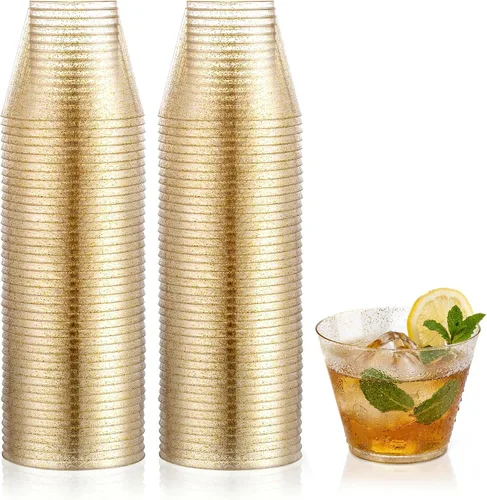 Vista 12 de Hioasis 100 vasos de plástico transparente de 9 onzas con ribete dorado, vasos desechables de plástico, resistentes y sin BPA para fiestas, bodas