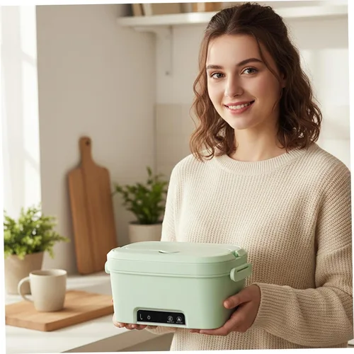 Vista 5 de Lonchera eléctrica inalámbrica, lonchera térmica de 1.5 L con batería de 7800 mAh, calentador de alimentos portátil verde para oficina, automóvil