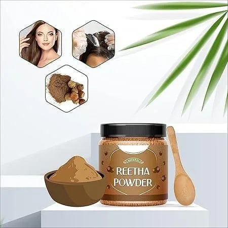 Vista 3 de Reetha puro y natural (Aritha, nuez de jabón) en polvo para el cuidado del cabello con cuchara de madera - 7.05 oz