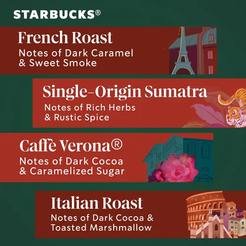 Vista 4 de Starbucks Cápsulas de café K-Cup, café tostado oscuro caliente o helado, paquete variado, 96 cápsulas Keurig Cápsulas K-Cup 100% Arabica