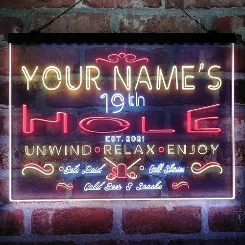 Vista 16 de Personalized 19th Hole Golf Club Tri-Color LED Neon Light Sign Customize Name Date Text Quote Font Green & Red & Yellow 13 x 8.7 Inches