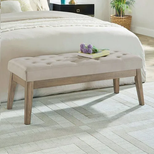 Vista 9 de 24KF Banco de entrada tapizado con botones capitoné de terciopelo con pata de madera maciza, banco de cama otomano con asiento acolchado, 5061N-Negro