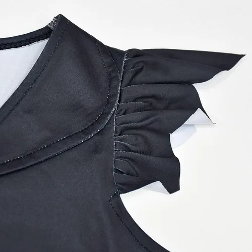 Vista 3 de IWEMEK Disfraz de Cruella Deville para niñas vestido de cosplay de Halloween para niños vestido de personaje de película dálmata peluca guantes