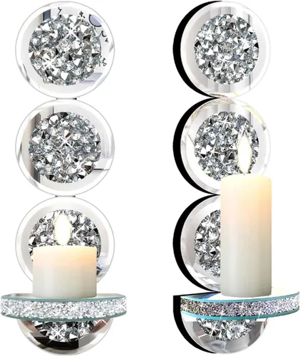 Vista 2 de ZOLAPI Juego de 2 candelabros de cristal con diamantes triturados, espléndido candelabro de pared con espejo plateado redondo, candelabros de vela