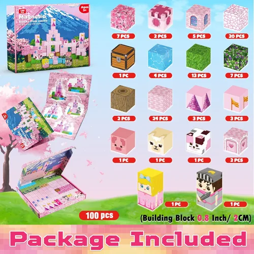 Vista 2 de Bloques magnéticos – 100 bloques de construcción magnéticos de castillo de princesa rosa, cubos magnéticos 3D para niñas, juguete de construcción