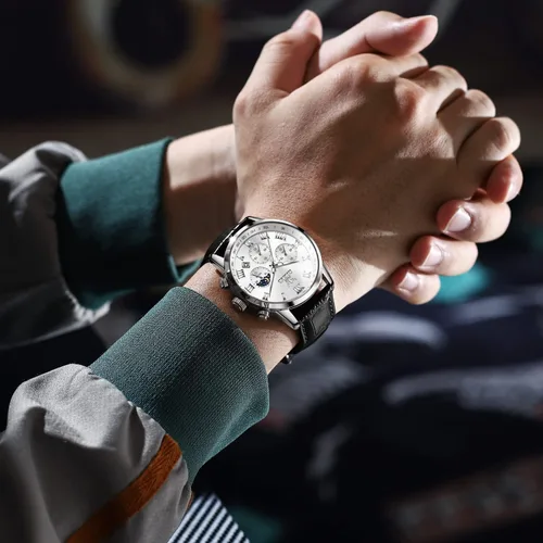 Vista 4 de OLEVS Reloj para hombre cuero marrón moda cronógrafo reloj luminoso impermeable casual relojes de pulsera