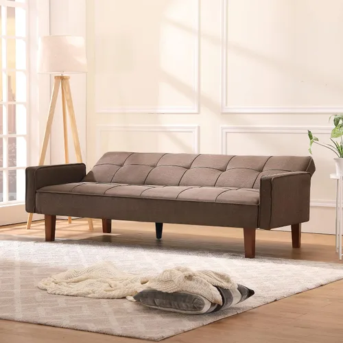 Vista 5 de Sofá cama moderno y simple, respaldo ajustable, sofá funcional con diseño de cuadrícula clásica, sofá de tres asientos, marco de madera, adecuado