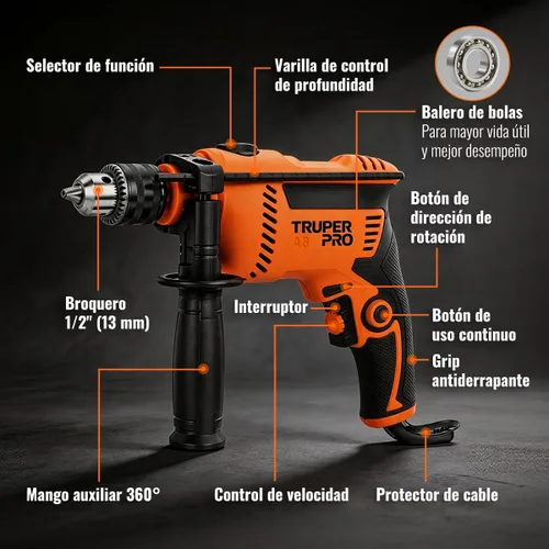Vista 6 de Truper Taladro de martillo rotatorio profesional de 1/2" 700W, 110V, 5A, naranja