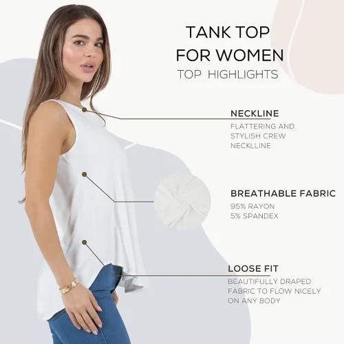 Vista 4 de Azules Camisetas sin mangas para mujer, con vuelo, cuello redondo, elegante, dobladillo curvado, ajuste holgado, Marfil, 1X