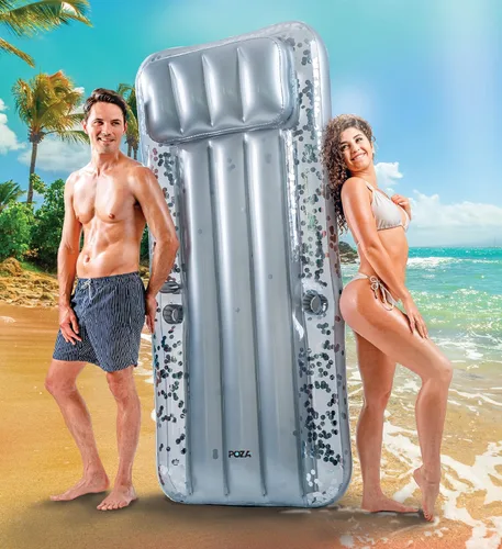 Vista 6 de POZA Colchón inflable gigante para piscina, tumbona grande y lujosa con confeti brillante, tapete de aire grueso de alta calidad, reposacabezas