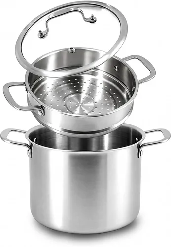 Vista 12 de DELARLO Olla de acero inoxidable de tres capas, ollas antiadherentes de 5 cuartos, listas para inducción, ollas de cocina con tapas, olla apta