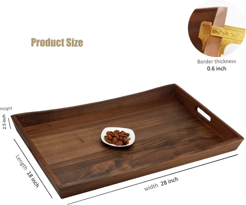 Vista 2 de Bandeja otomana rectangular grande de madera de nogal negro curvada de 28 x 18 pulgadas con asas, sirve té, café, bandeja decorativa de madera