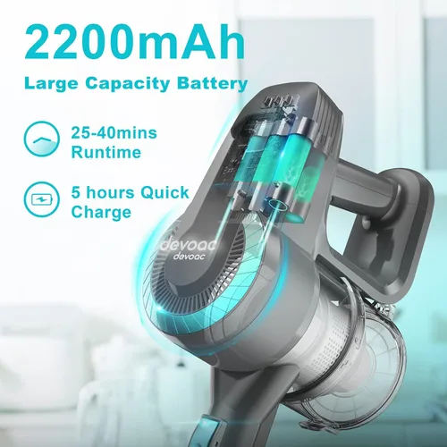 Vista 4 de DEVOAC Aspiradora inalámbrica N300, aspiradora ligera 6 en 1, batería de 2200 mAh de hasta 40 minutos de tiempo de funcionamiento, potente