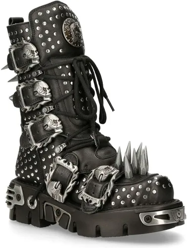 Vista 3 de New Rock Boots 1535-S1 - Botas góticas de cuero negro metálico con tachuelas para mujer