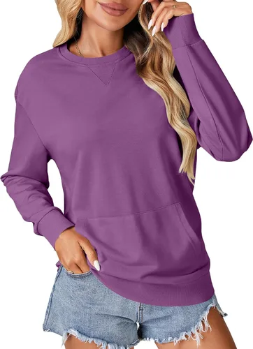 Vista 20 de OPOIPIN Suéter con bolsillo de manga larga y cuello redondo para mujer, estilo casual