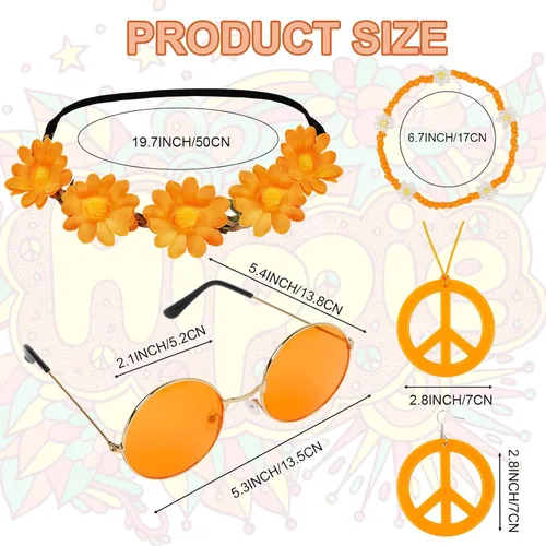 Vista 2 de WOVOWOVO Accesorios hippie de los años 60 y 70, 6 piezas, disfraz hippie bohemio, trajes geniales para Halloween, discoteca, carnaval, fiestas