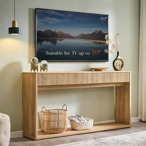 Vista 7 de OKD Mesa consola acanalada de 63" para entrada, mesa de entrada moderna con 2 cajones grandes, mesa de sofá larga detrás del sofá para sala de Roble
