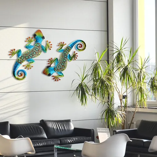 Vista 4 de HONGLAND 2 piezas de metal Gecko decoración de pared lagarto jardín arte escultura de vidrio colgante para valla de patio interior y exterior