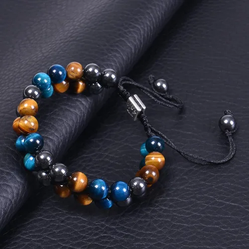Vista 33 de DHQH Triple Protection Bracelet 8/10MM Hematite Black Agate Tigers Eye Stone Bracelet Crystal Jewelry Healing Bead Bracelets for Men Bring Luck