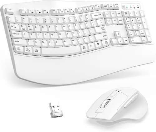 Vista 16 de Combo de teclado y mouse inalámbricos, teclado ergonómico de tamaño completo 2.4G con diseño de teclas onduladas y reposamuñecas, mouse ergonómico