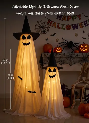 Vista 6 de Minetom 2 Pack Outdoor Halloween Ghost Decorations, Light Up Ghosts 2 witch hats