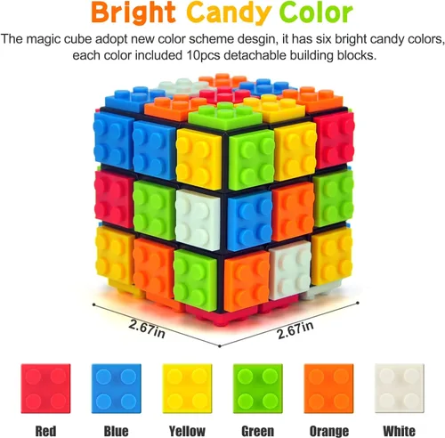 Vista 3 de Speed Cube - Cubo de ladrillo integrado de 3 x 3 x 3 pulgadas con bloques de construcción, rompecabezas de cubo mágico, juguetes creativos