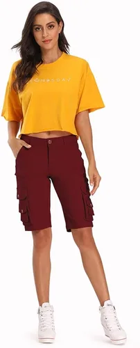 Vista 4 de Mesinsefra Pantalones cortos cargo casuales para mujer, bermudas de algodón, ajuste relajado, casual, varios bolsillos