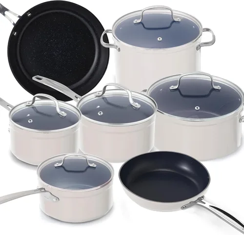 Vista 13 de Nuwave - Juego de 12 utensilios de cocina forjados y ligeros, revestimiento ultra antiadherente de cerámica Duralon G10 saludable, tapas de vidrio