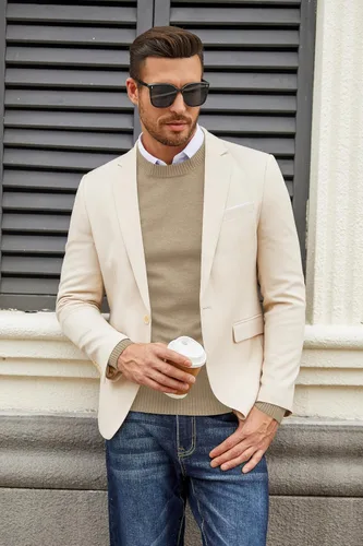 Vista 4 de COOFANDY Suéter de cuello redondo para hombre, sudaderas ligeras, suéter de punto, suéter de manga larga casual a la moda